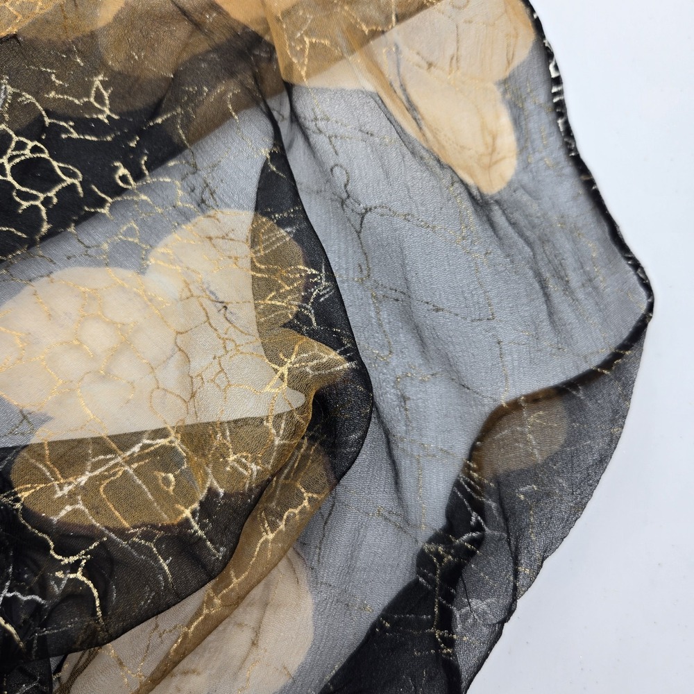 Sheer Silk Metallic Scarf 30x49 Black Gold Abstract Crackle Fringe Evening Wrap - Picture 6 of 11